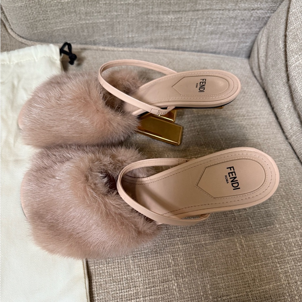 Fendi Women's Fur Mules - Cream and Gold - Picture 2 of 5